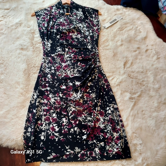 NWT Kamali Kulture Cap Sleeve Side Draped Dress Black Abstract Floral Sz… - Picture 5 of 17